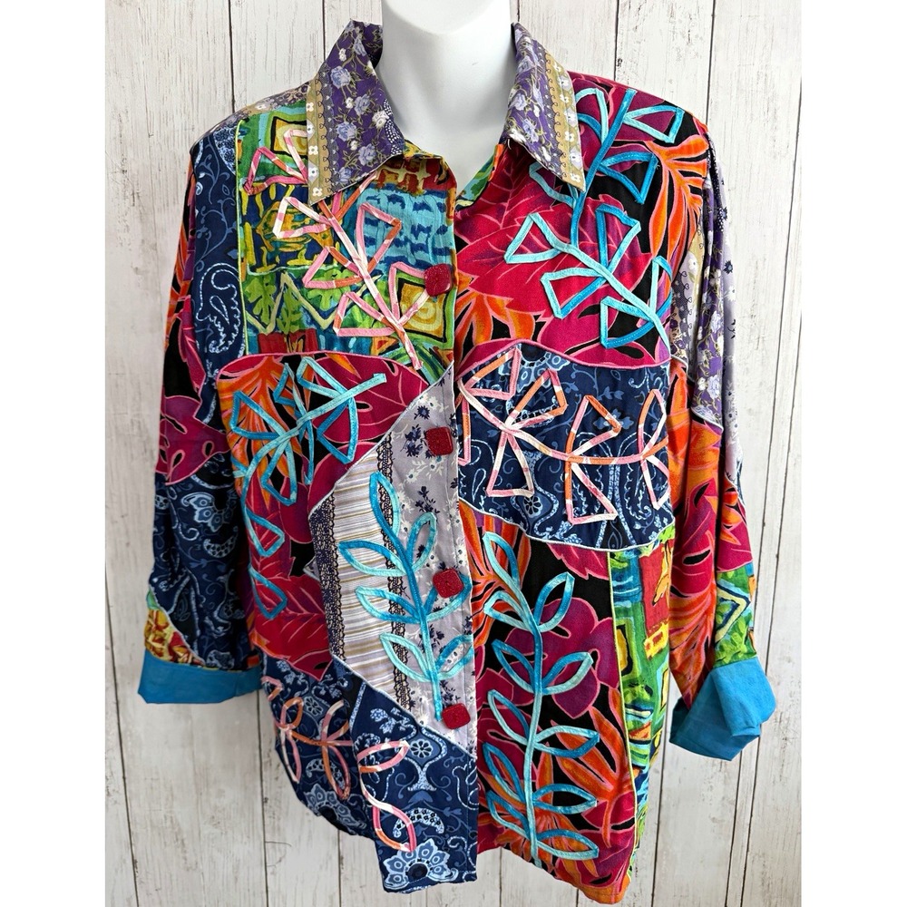 Moka Women's Multicolor Patchwork Embroidered Cotton Button-Up Blouse Size S
